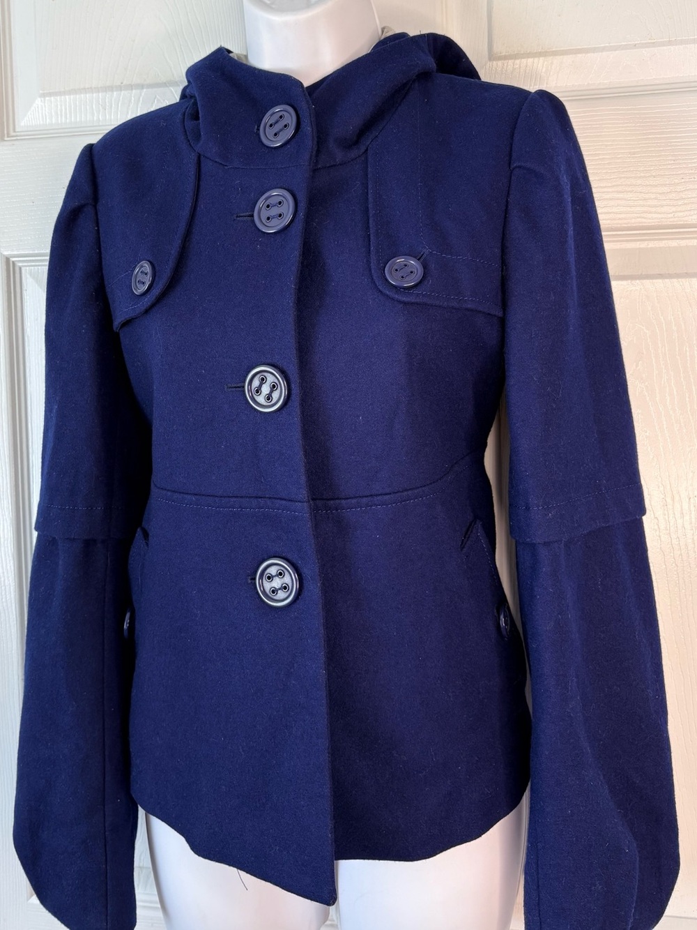 Anthropologie Elevenses Barbette Navy Blue Hooded Wool pea coat Size 4